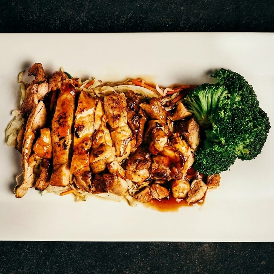 Teriyaki chicken and steak with broccoli and vegetables on a white rectangular plate.
