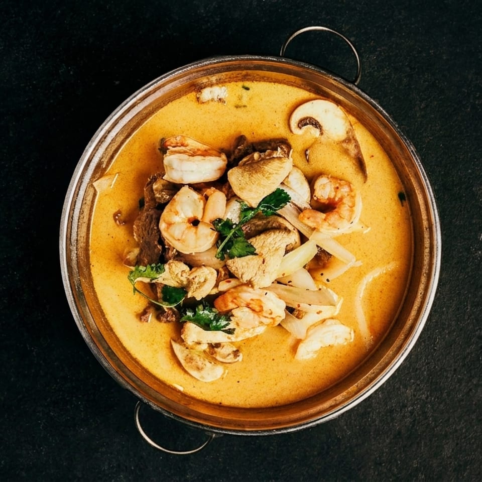 Overhead view of a metal bowl filled with a creamy yellow curry, shrimp, chicken, and mushrooms.