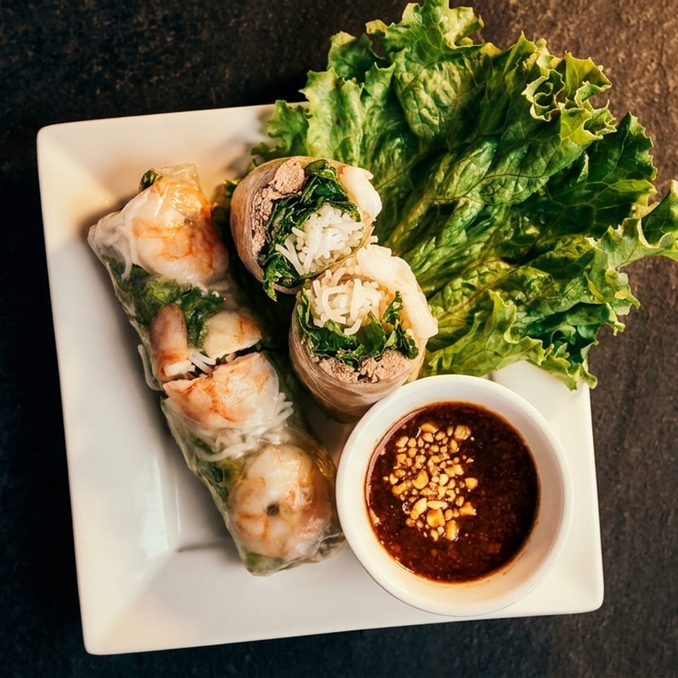 Fresh spring rolls with shrimp and pork, served with lettuce and peanut dipping sauce.