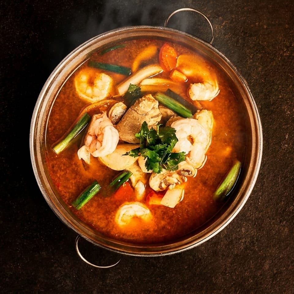 Steaming hot pot of Tom Yum soup with shrimp, mushrooms, and green onions.
